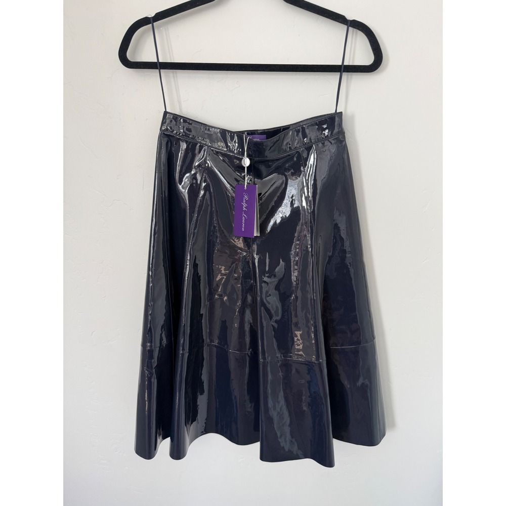 Ralph Lauren Purple Label Navy Patent Lamb Leather A-Line Midi Skirt Italy Sz 2